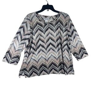 Alfred Dunner Chevron Print 3/4 Sleeve Embellished Neckline Top‎ Size XL NEW
